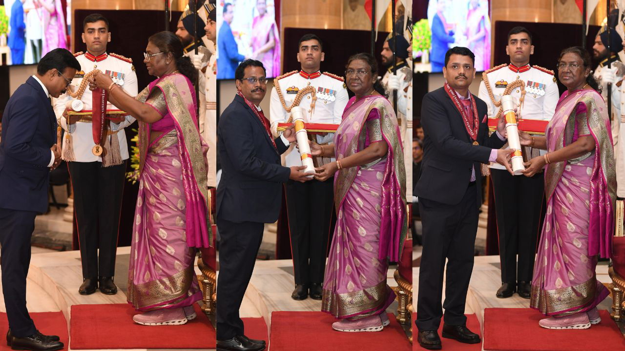 Dr. Anandharamakrishnan C, Dr. Krishna Murthy S L and Dr. Swarup Kumar Parida with President Droupadi Murmu (L-R) (Image Source: @rashtrapatibhvn/X)