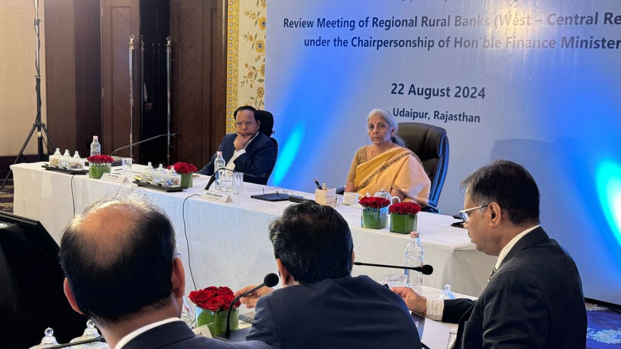 Union Finance Minister Nirmala Sitharaman along with other officials in review meeting of RRBs (Photo Source: @nsitharamanoffc/X)