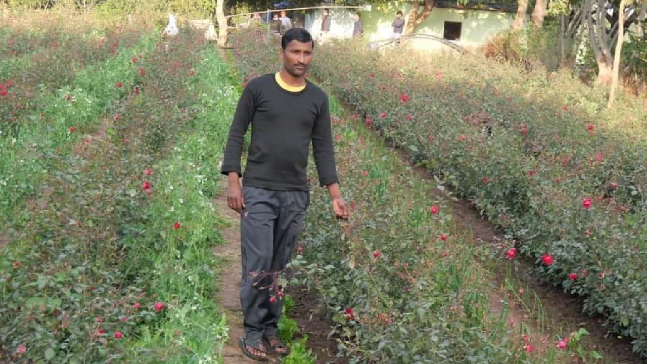 Nahar Singh Kushwah with his flower garden