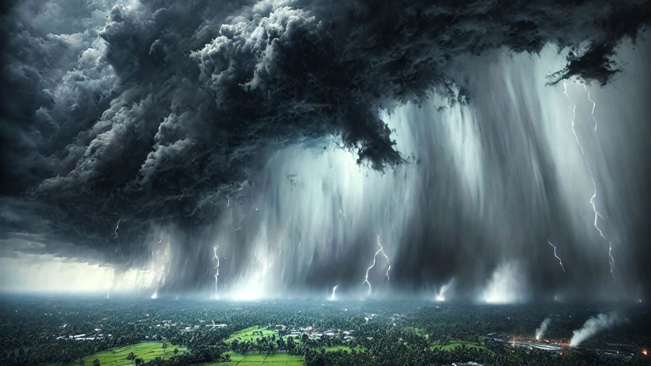 Intense monsoon clouds and winds over a landscape (AI generated representational image)