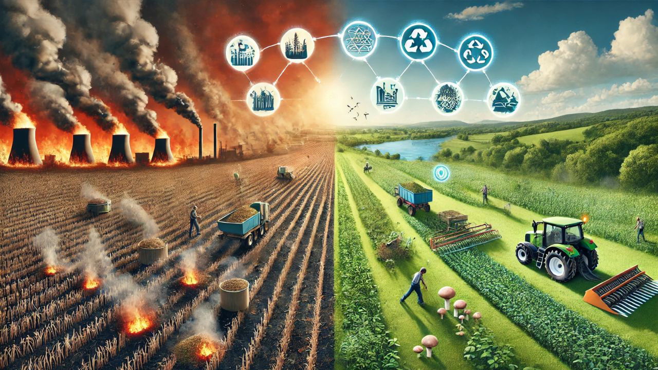 Representational image showing the transformation from stubble burning to various sustainable practices (AI-generated)