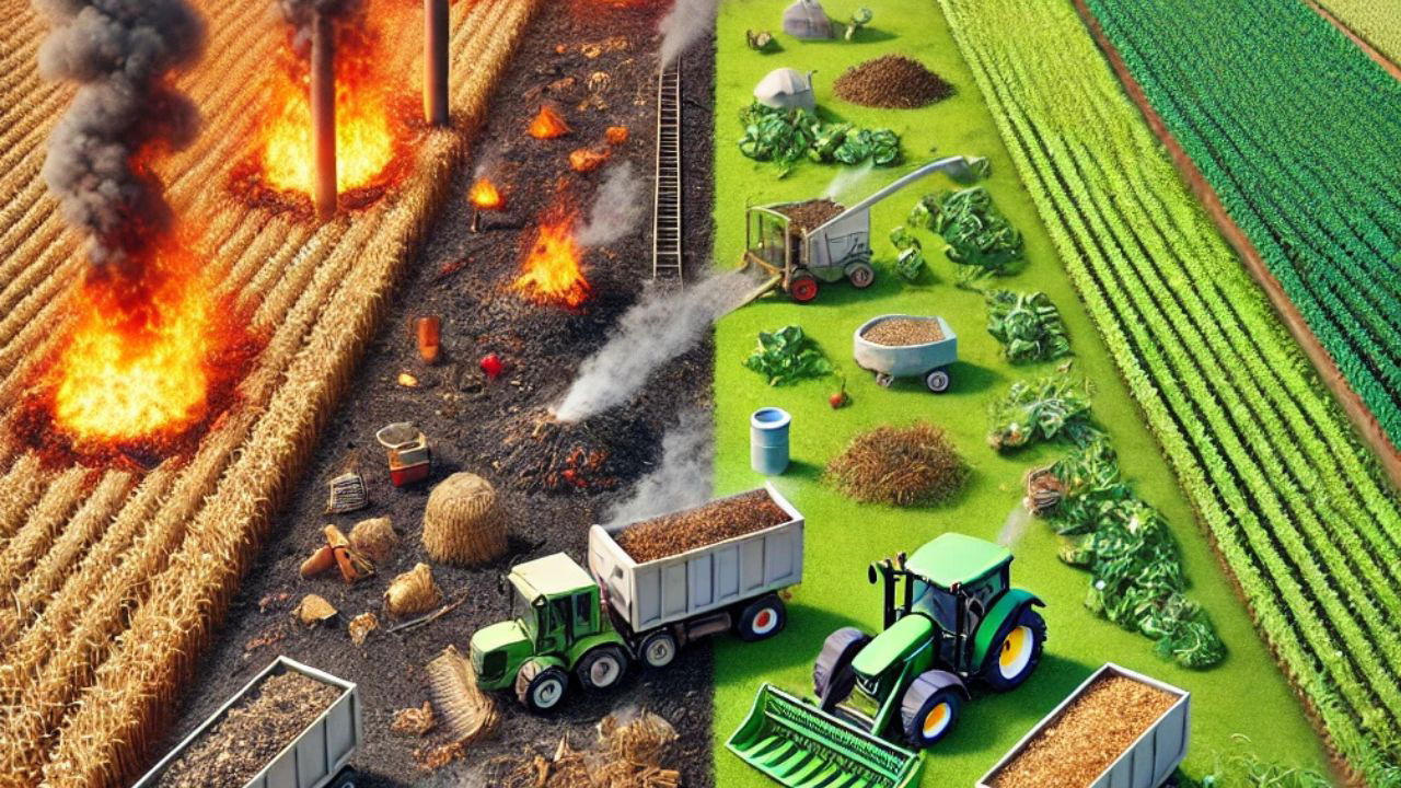 Contrast between traditional crop residue burning and sustainable management practices (AI-generated representational image)