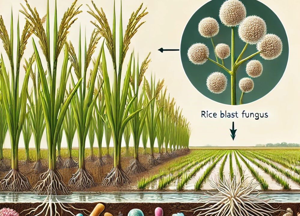 AI-generated representational image depicting the interactions between the fungus, rice plants, and soil bacteria