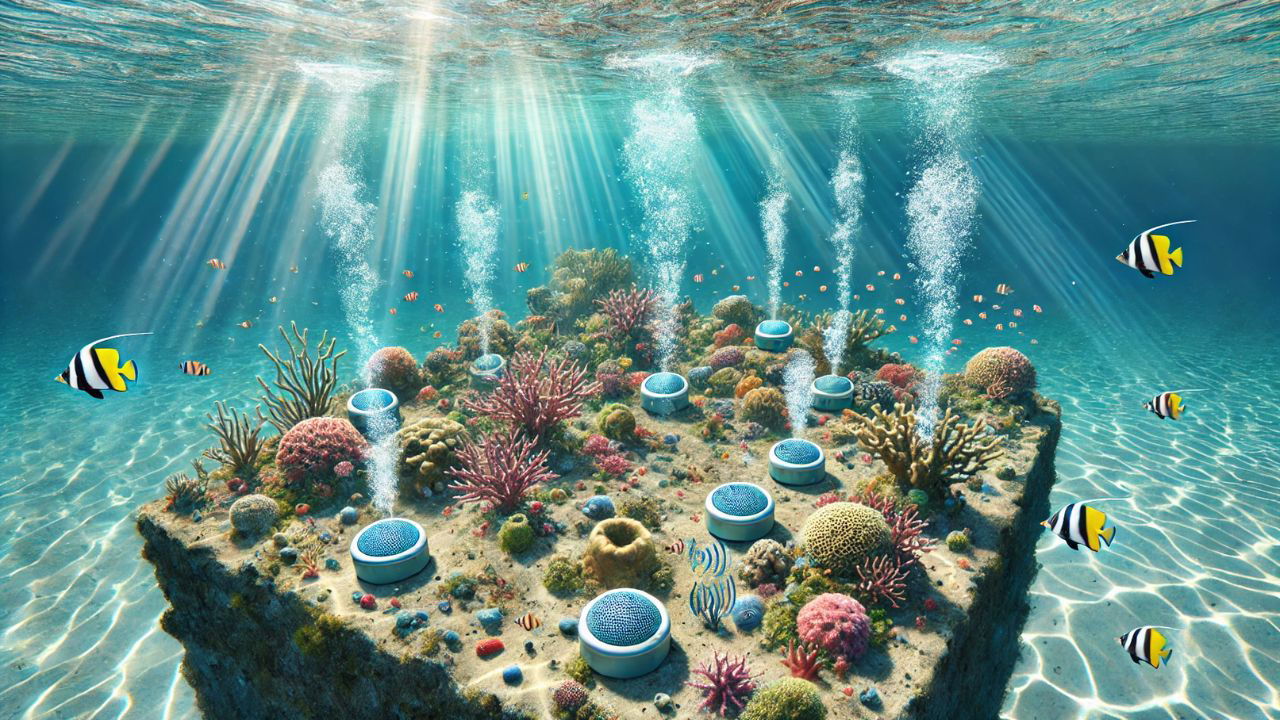 AI generated image illustrating how healthy reef noises boost coral larvae settlement through sound