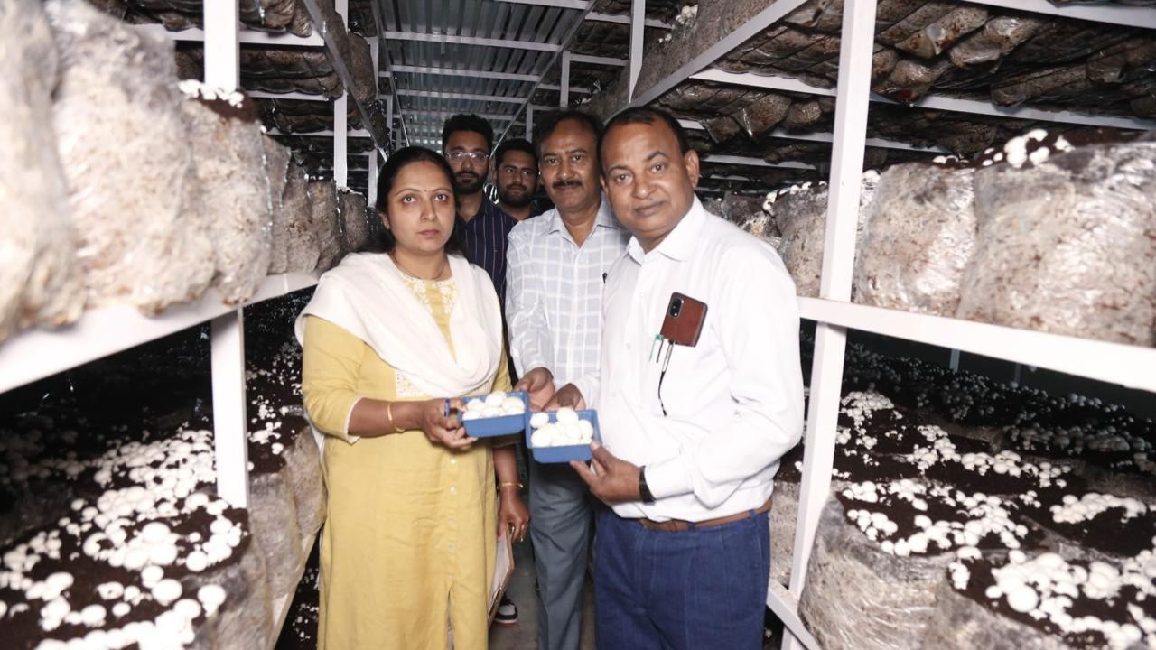 Meenakshi Tiwari, Deputy Director National Horticultural Board along with state government officials and Siddhant and Sarthak Mehrotra in their Mushroom Farm