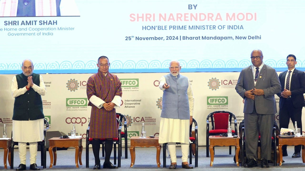 Prime Minister Narendra Modi and Other Dignitaries at ICA Global Cooperative Conference 2024 in New Delhi (Photo Source: @AmitShah/X)