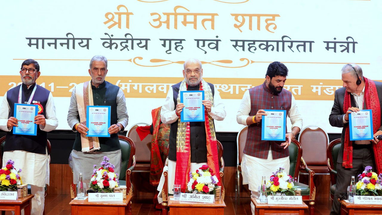 Union Home Minister and Minister of Cooperation Amit Shah with other distinguished guests at Bharat Mandapam in New Delhi. (Photo Source: @AmitShah/X)