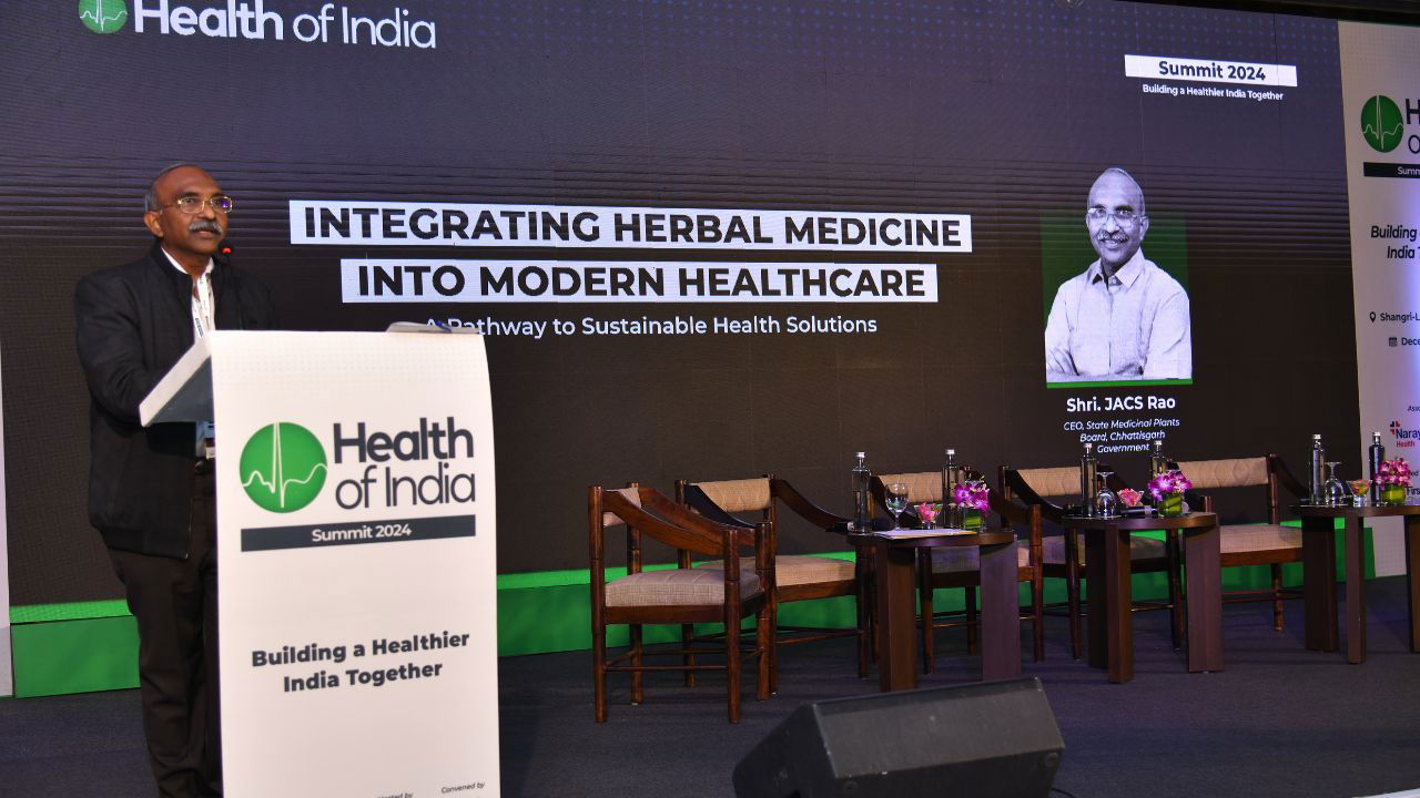 JACS Rao, CEO of the Medicinal Plants Board, Chhattisgarh, delivering his talk at Health of India Summit 2024