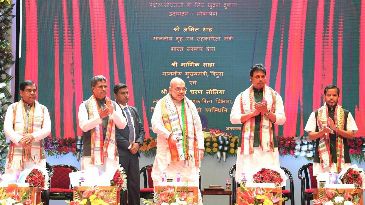 Union Home Minister and Minister of Cooperation Amit Shah along with other dignitaries at the event in Tripura. (Photo Source: @AmitShah/X)