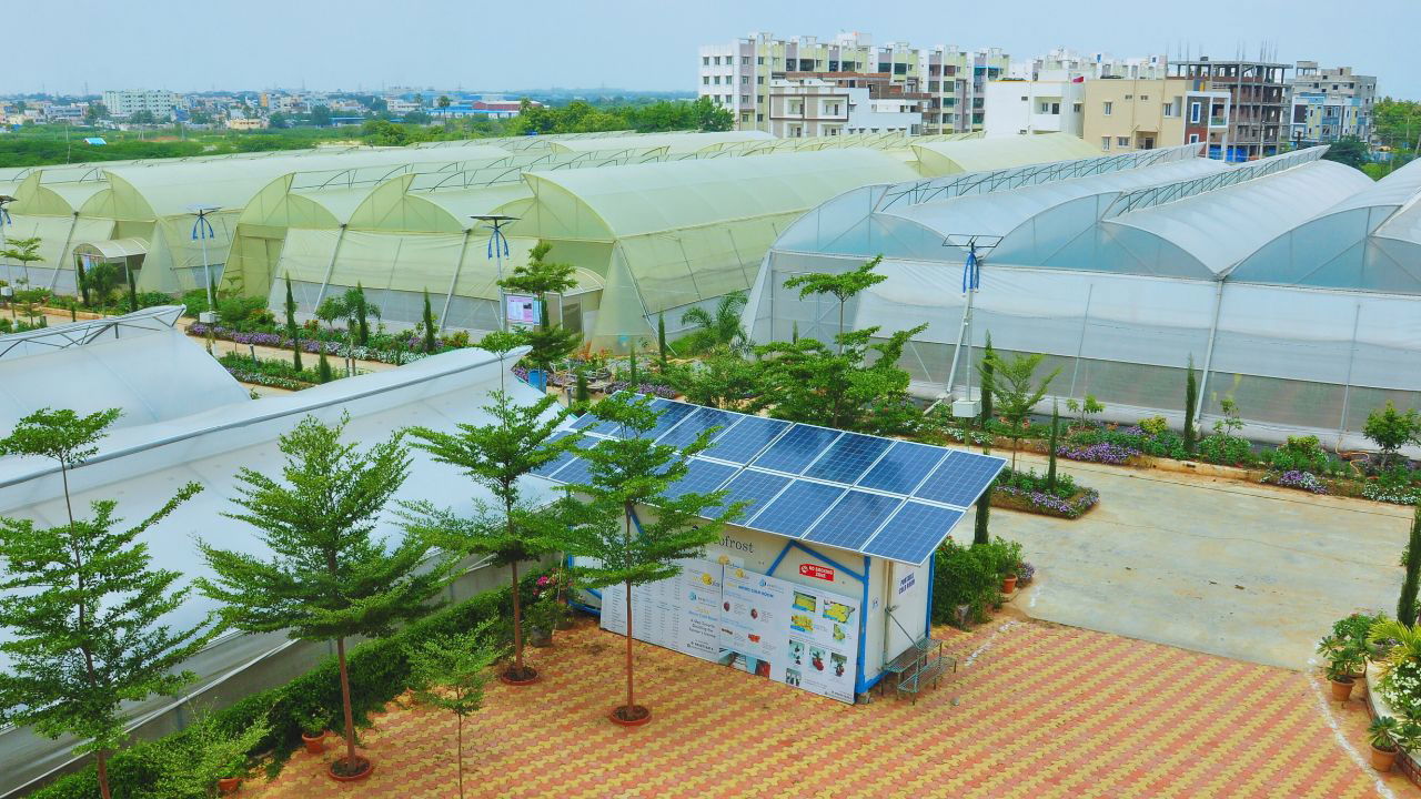 A modern agricultural facility featuring multiple greenhouse structures with shade nets