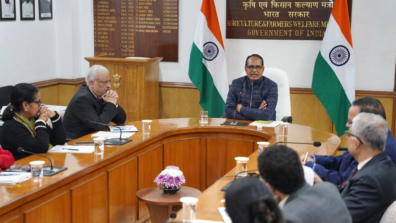 Minister of Rural Development, Shivraj Singh Chauhan, along with other dignitaries, during a review meeting held in New Delhi. (Photo Source: @ChouhanShivraj/X)