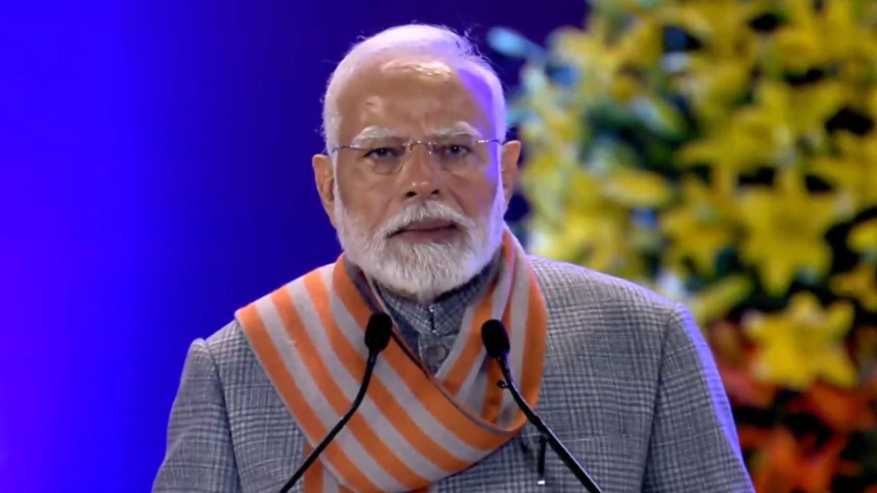 Prime Minister Narendra Modi delivering his address on the 150th Foundation Day of the India Meteorological Department (IMD), at Bharat Mandapam, in New Delhi. (Photo Source: @narendramodi/X)