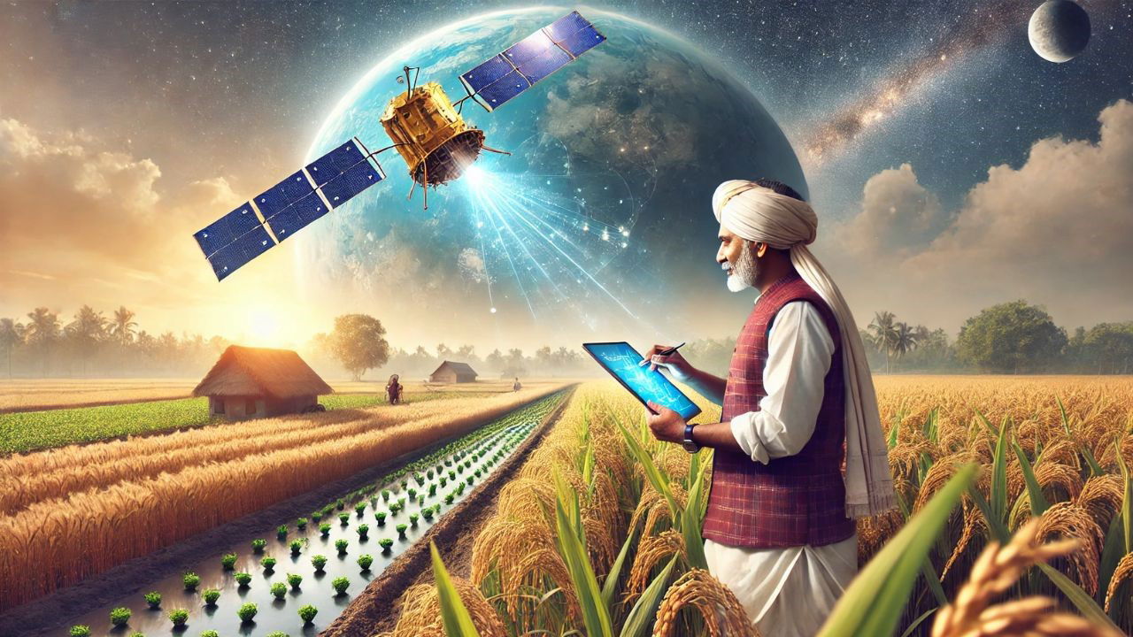 Representational AI-generated image of ISRO's satellite technology in Indian agriculture.