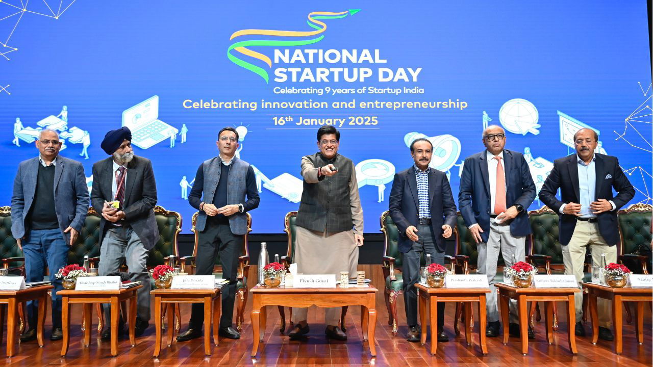 Union Minister of Commerce and Industry Piyush Goyal with other dignitaries at the National Startup Day event in New Delhi. (Photo Source: @PiyushGoyal/X)