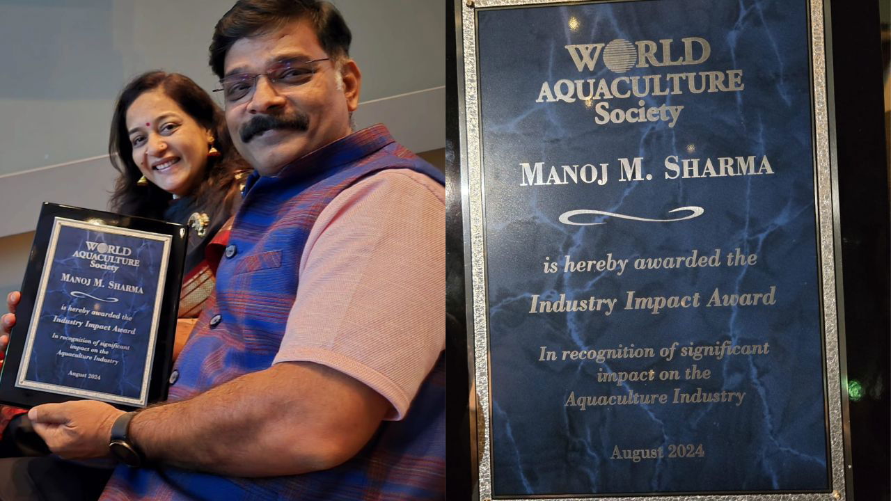 Aquapreneur Dr. Manoj M. Sharma, honored with the Global Industry Impact Award by the World Aquaculture Society in 2024 for his exceptional contributions to world shrimp farming. (Pic credit: Dr. Manoj).