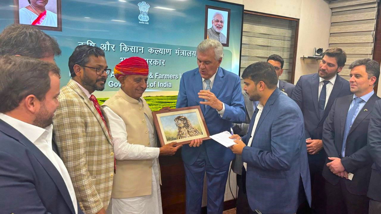 Governor Ronaldo Caiado of Goiás, Brazil, with MoS Agriculture Bhagirath Choudhary at Krishi Bhawan, New Delhi. (Photo Source: @mpbhagirathbjp/X)