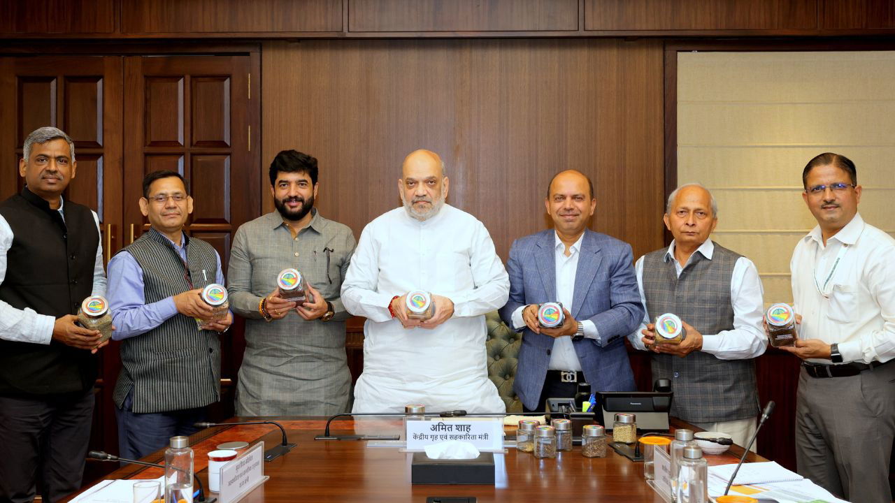 Union Home Minister and Minister of Cooperation Amit Shah with officials during the review meeting of Bharatiya Beej Sahkari Samiti Limited (BBSSL). (Photo Source: @AmitShah/X)