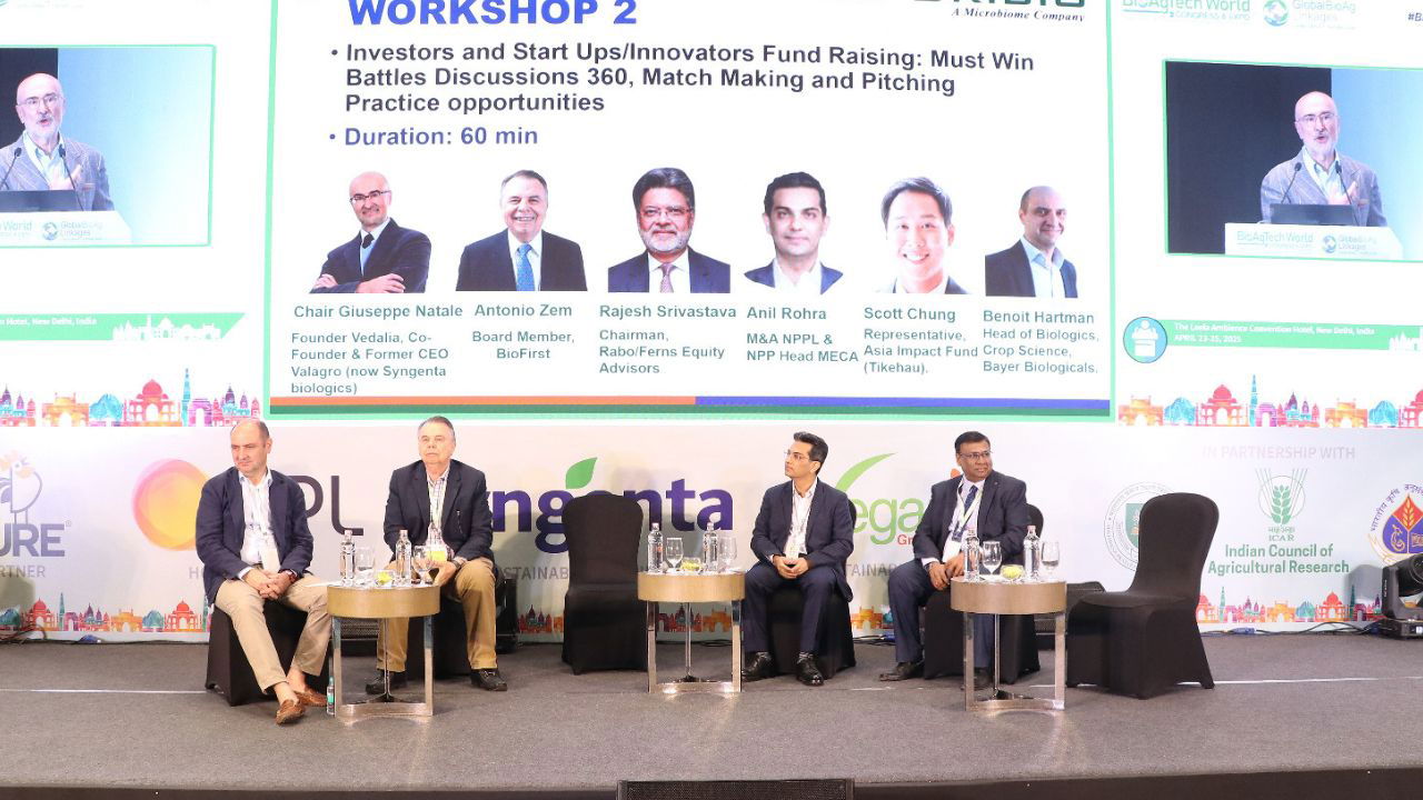 Benoit Hartman, Head of Biologics at Bayer Crop Science, Antonio Zem, CEO and President of Biotrop, Anil Rohra, Global Head at UPL NPP, and Rajat Chatterjee, Executive Director, Prowess Advisors (From L-R)