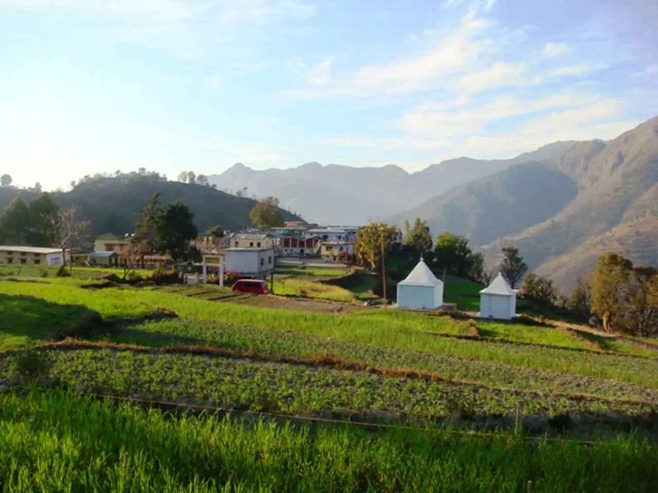 A panoramic view of agricultural farms of Central Himalaya at Saingy near Kempty falls, Mussoorie