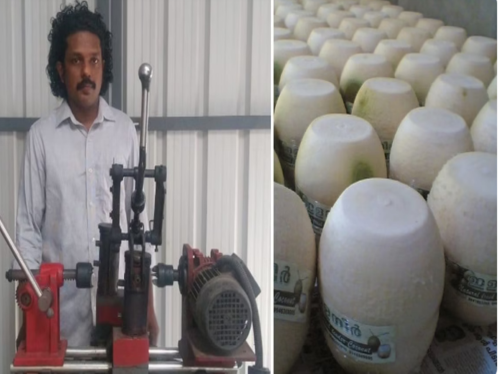 KC Sijoy of Kerala with his tender coconut peeling machine