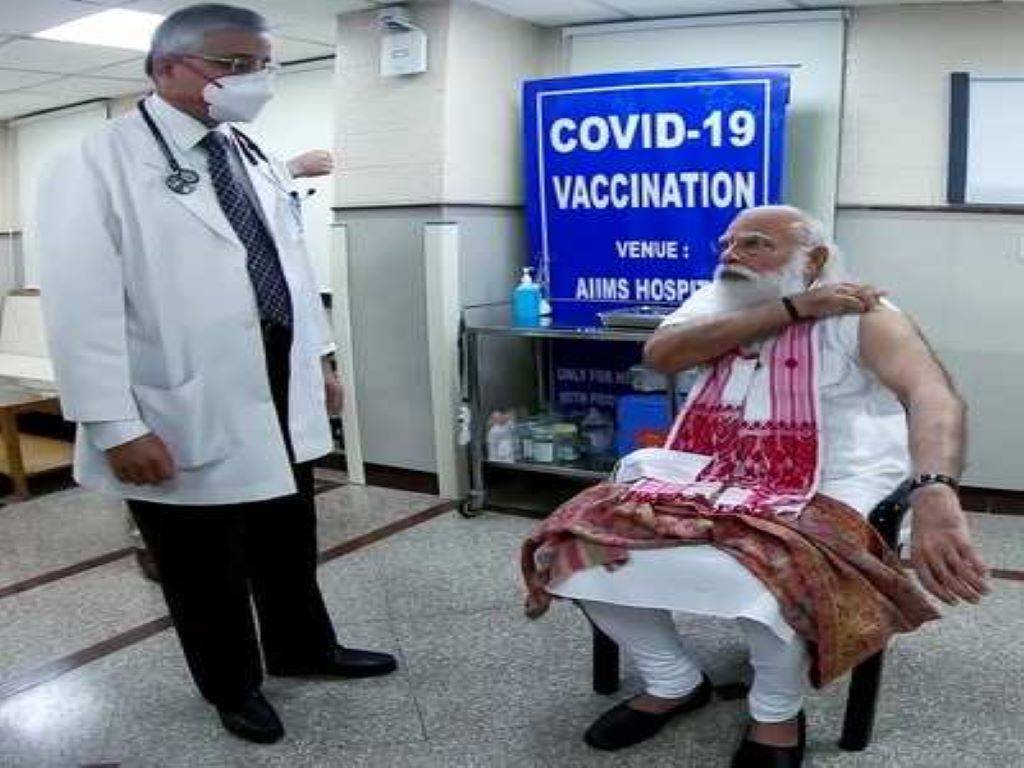 PM Modi at AIIMS hospital, New Delhi, for his first Covid-19 vaccine shot