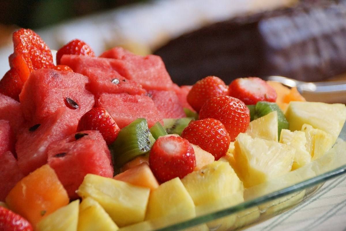 Fruit salad of watermelons, strawberries, and kiwi