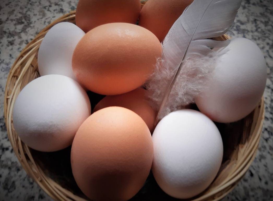 Brown eggs and white eggs in a basket