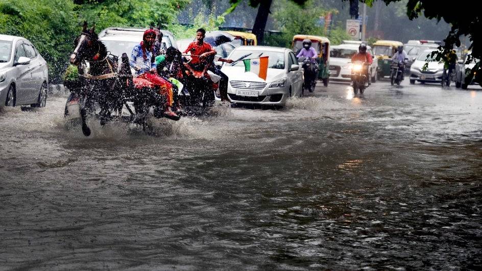 Road logged with water during rains in Delhi