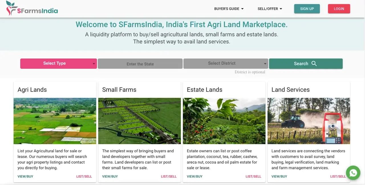 The web portal of SFarmsIndia