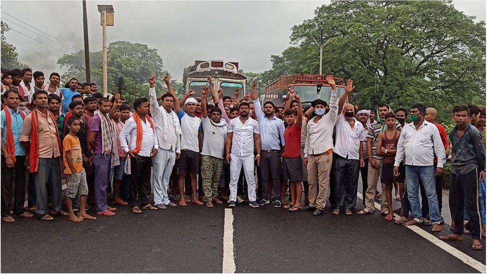 Farmers protesting on the road