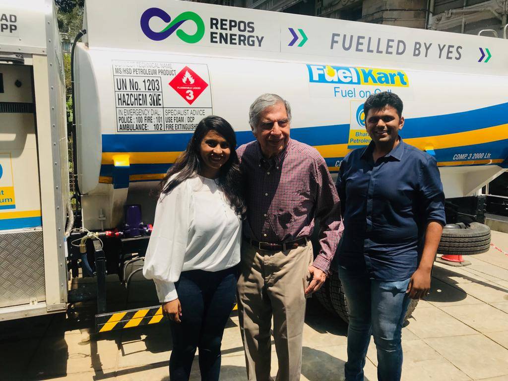 Aditi and Chetan Walunj (Founders of Repos Energy) with Ratan Tata, Chairman Emeritus of Tata Sons