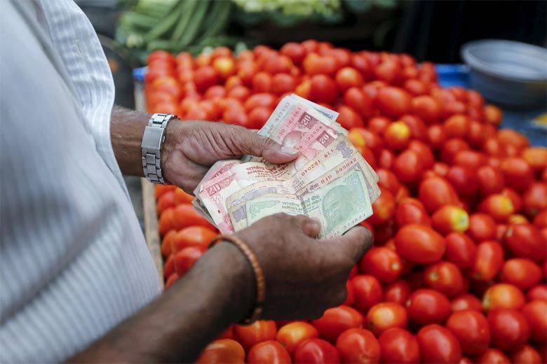 Person buying potato and tomatoes and counting money