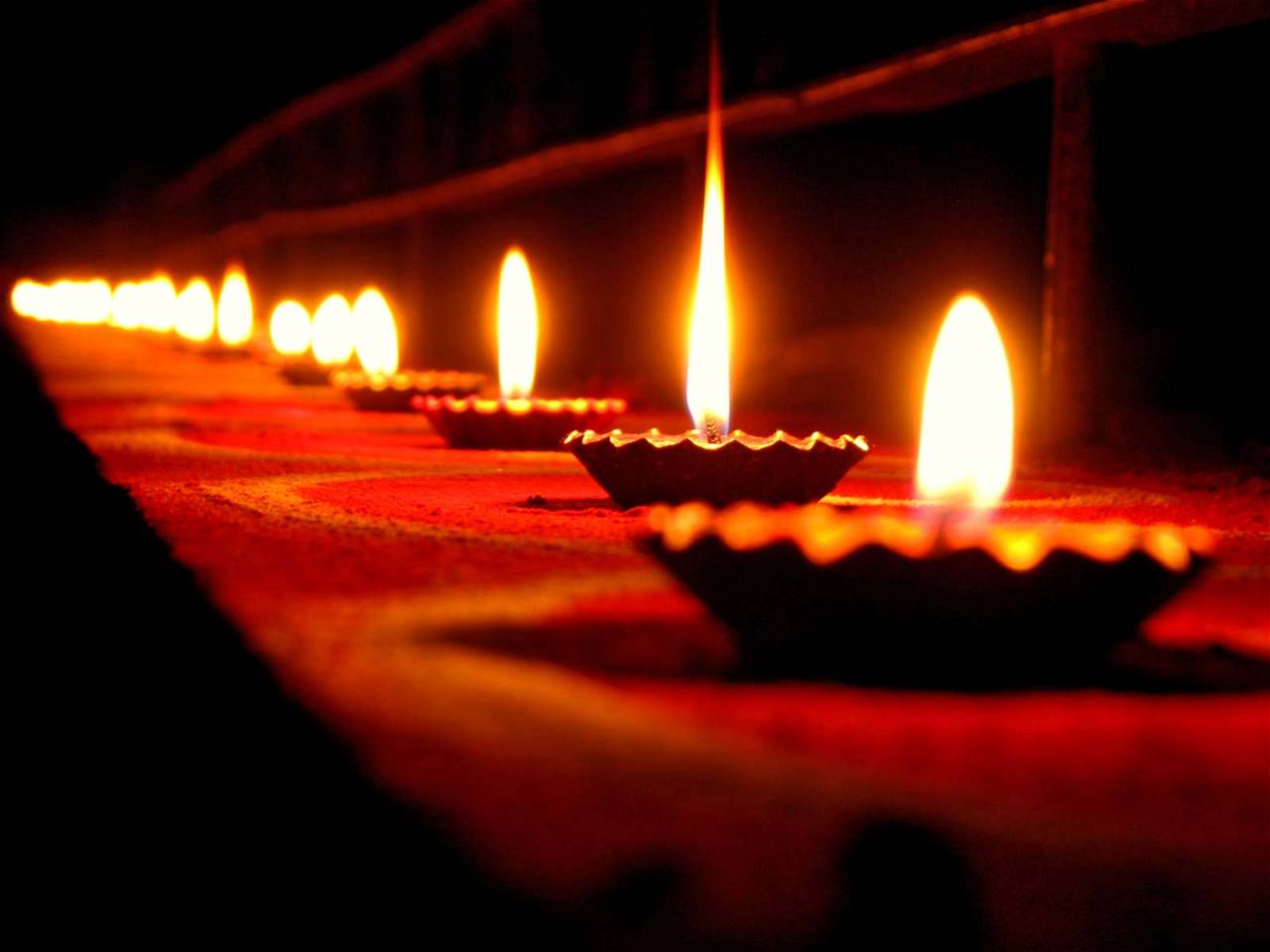 Diyas lit up on Diwali night