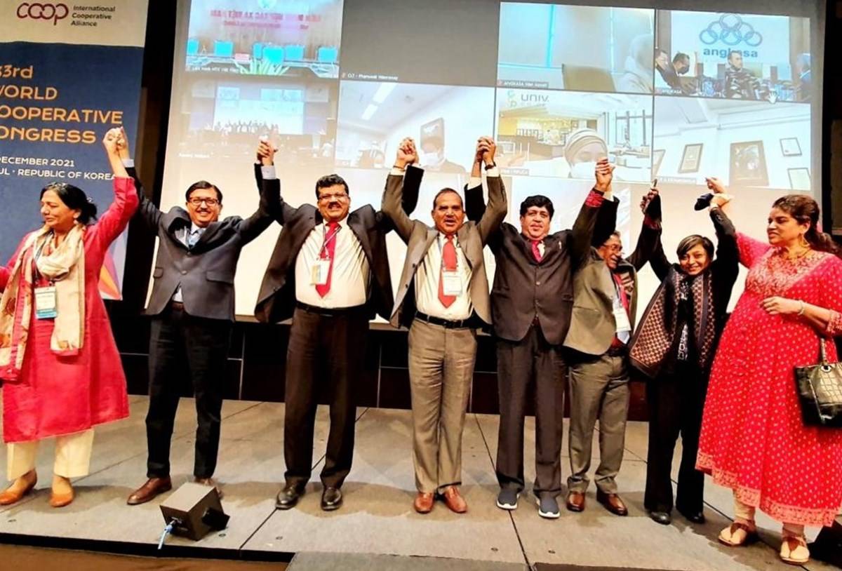 Dr. Chandra Pal Singh flashing Victory Symbol after being elected as President of ICA – AP regional board at Seoul, South Korea