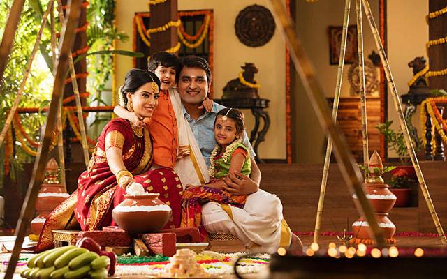 A family celebrating Pongal festival