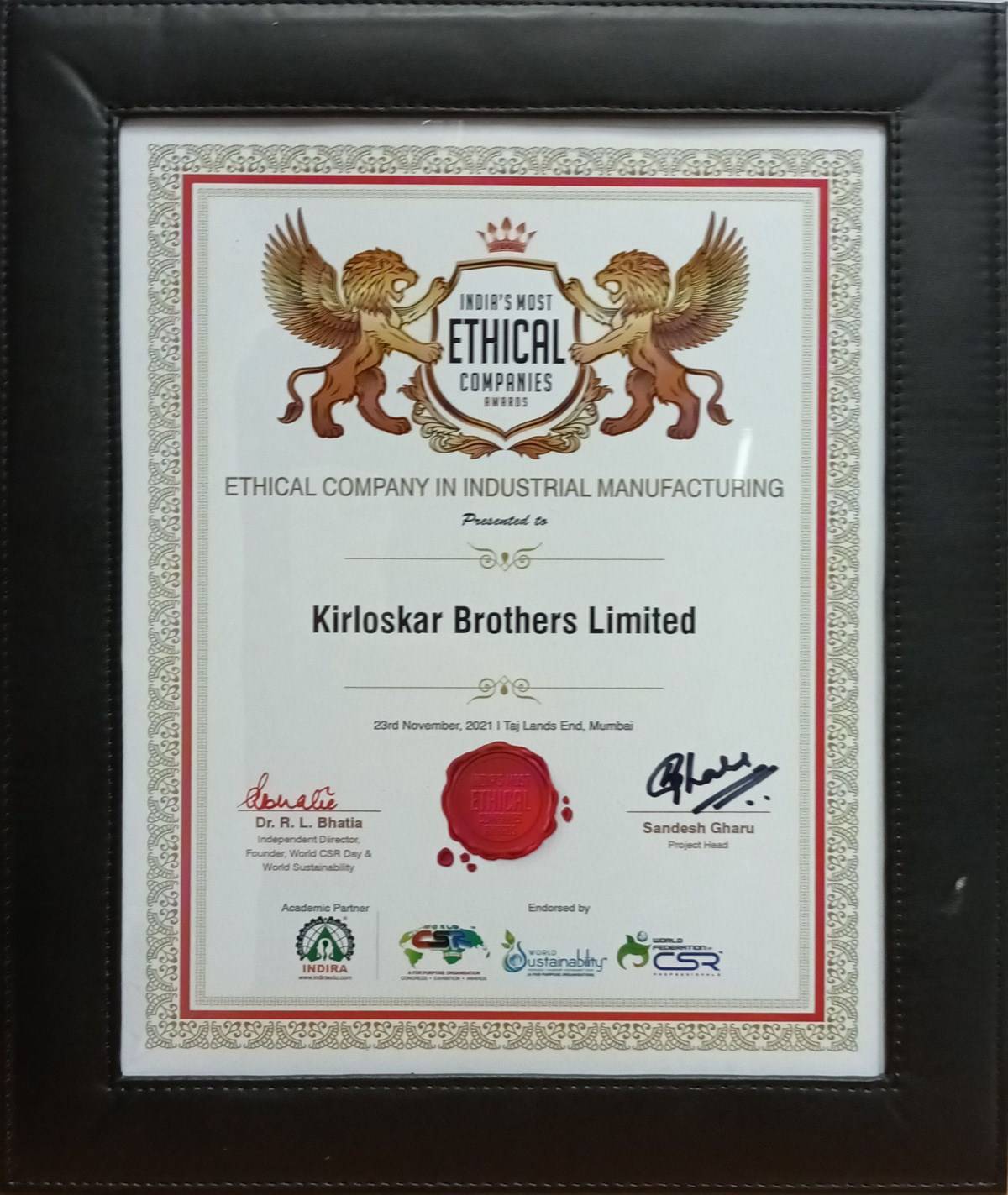 Kirloskar Brothers Limited Receives ‘India’s Most Ethical Company’ Award