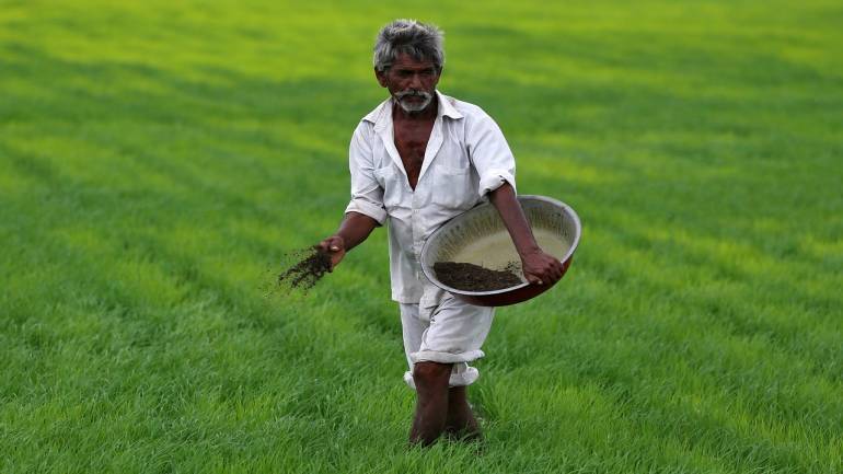 Representing image of farmer spreading organic Fertilizer