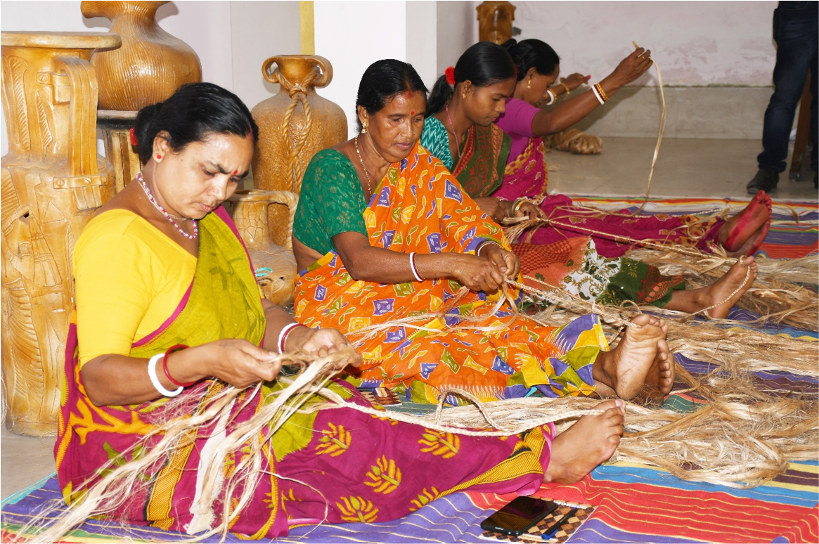 Trainees are demonstrating the skill of jute handicraft making