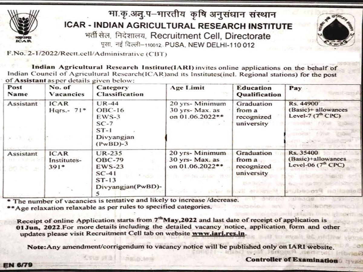 Official Notice for ICAR-IARI vacancies