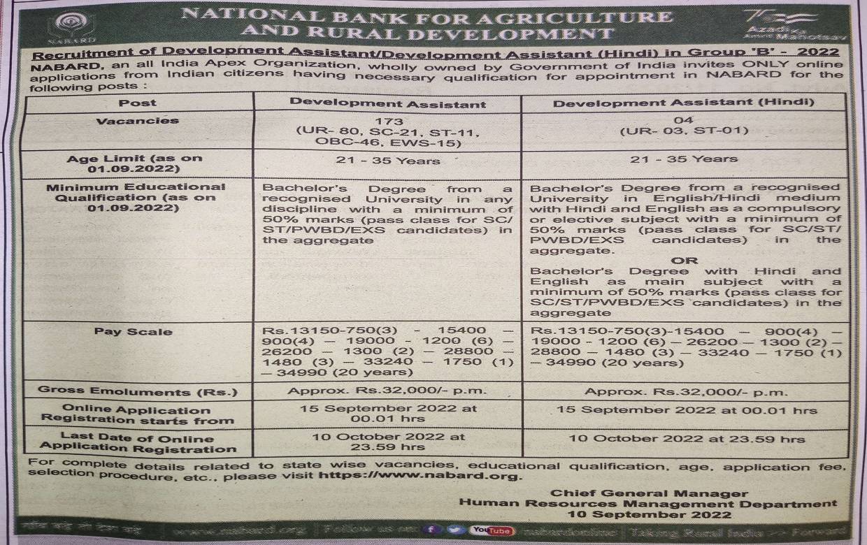 Candidates should note that only the short notice has been released as of now and the official notification will be released on the official website of NABARD shortly.