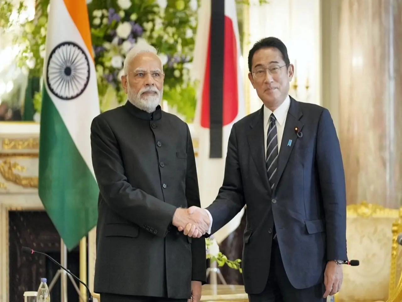 Prime Minister Narendra Modi with Japanese Prime Minister Fumio Kishida before their meeting at the Akasaka Palace state guest house in Tokyo, Tuesday.