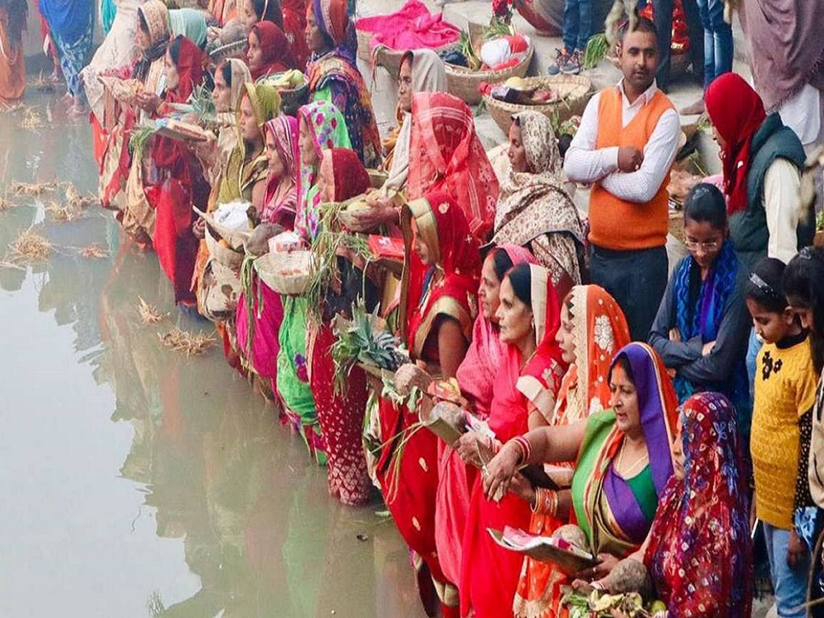 A bath is taken to start the first day of Chhath Puja
