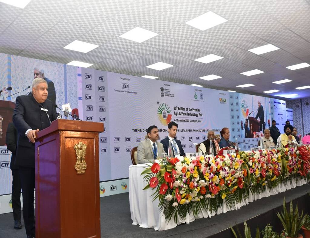 Vice President Jagdeep Dhankhar addressing the 15th Edition of the Premier Agri & Food Technology Fair on the theme 'Digital Transformation for Sustainable Agriculture and Food Security' in Chandigarh today.