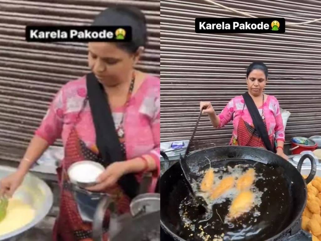 Street Vendor preparing Pakora from bitter guard in New Delhi