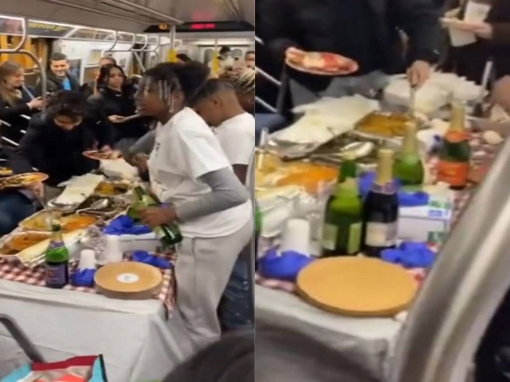 New York Subway Riders' Relish Thanksgiving Treat on Moving Train (Pic Credit: Instagram)