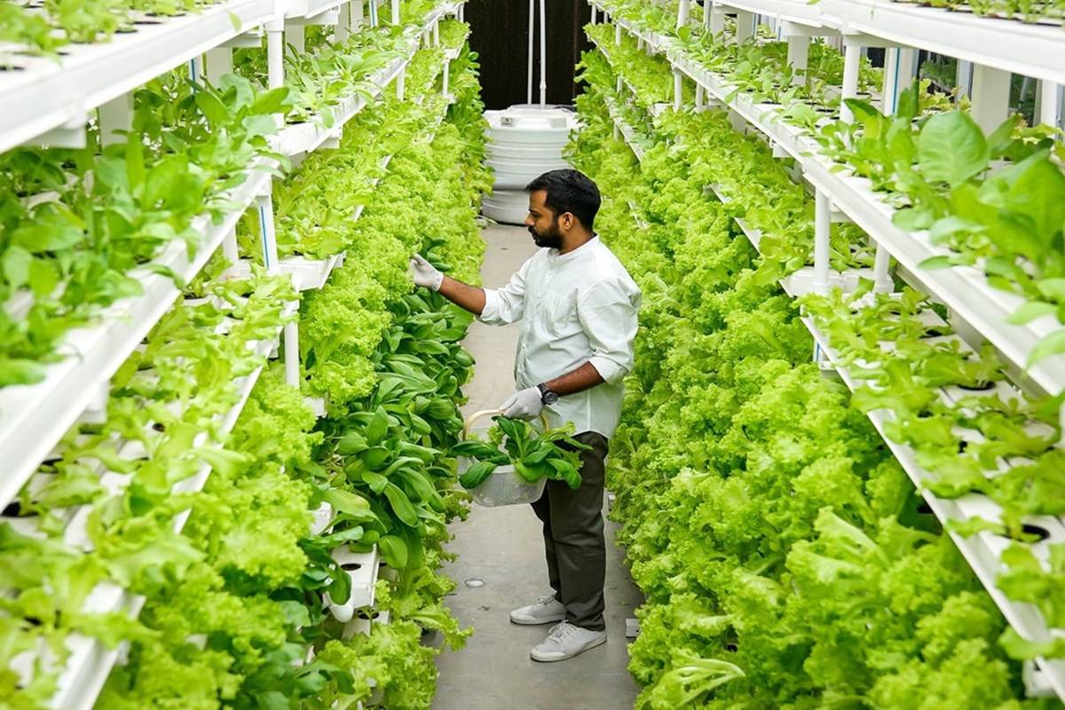 In vertical farming, the roots of the plants are submerged in a solution of nutrients.