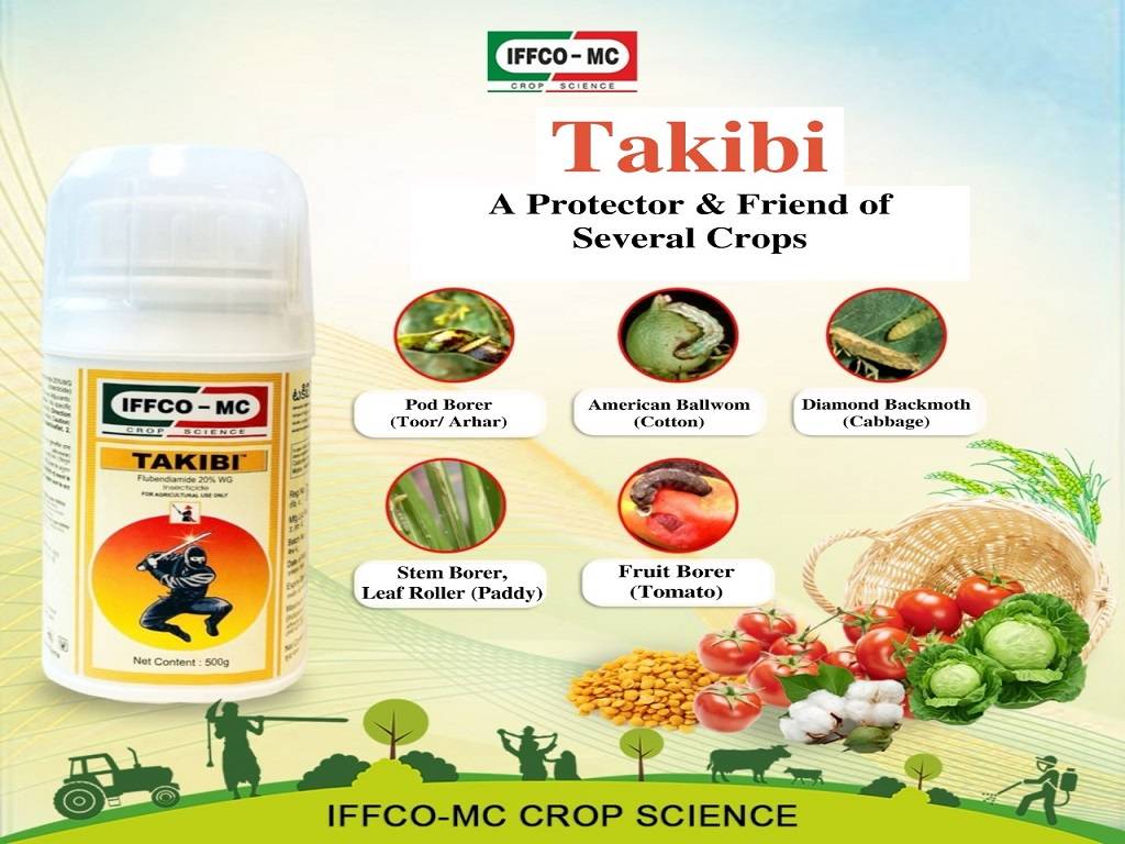 Takibi is used to control stemborer and leaf roller in paddy crops, American Bollworm in cotton, Pod borer in Pulses, Diamondback moth in cabbage and Fruit borer in Tomato.