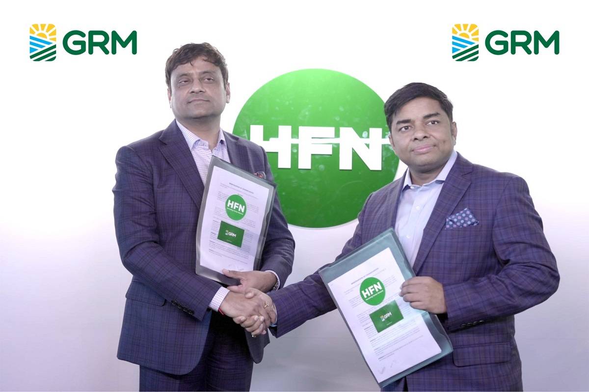 From Left - Mr. Atul Garg, Managing Director, GRM Overseas Limited and Mr. Ruchit Garg, Founder & CEO of Harvesting India Private Limited at the MoU signing ceremony between GRM Overseas Limited and Harvesting India Private Limited.