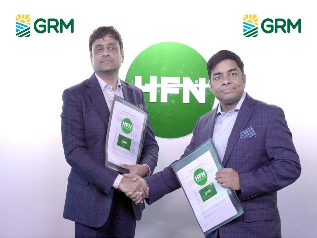 From Left - Mr. Atul Garg, Managing Director, GRM Overseas Limited and Mr. Ruchit Garg, Founder & CEO of Harvesting India Private Limited at the MoU signing ceremony between GRM Overseas Limited and Harvesting India Private Limited