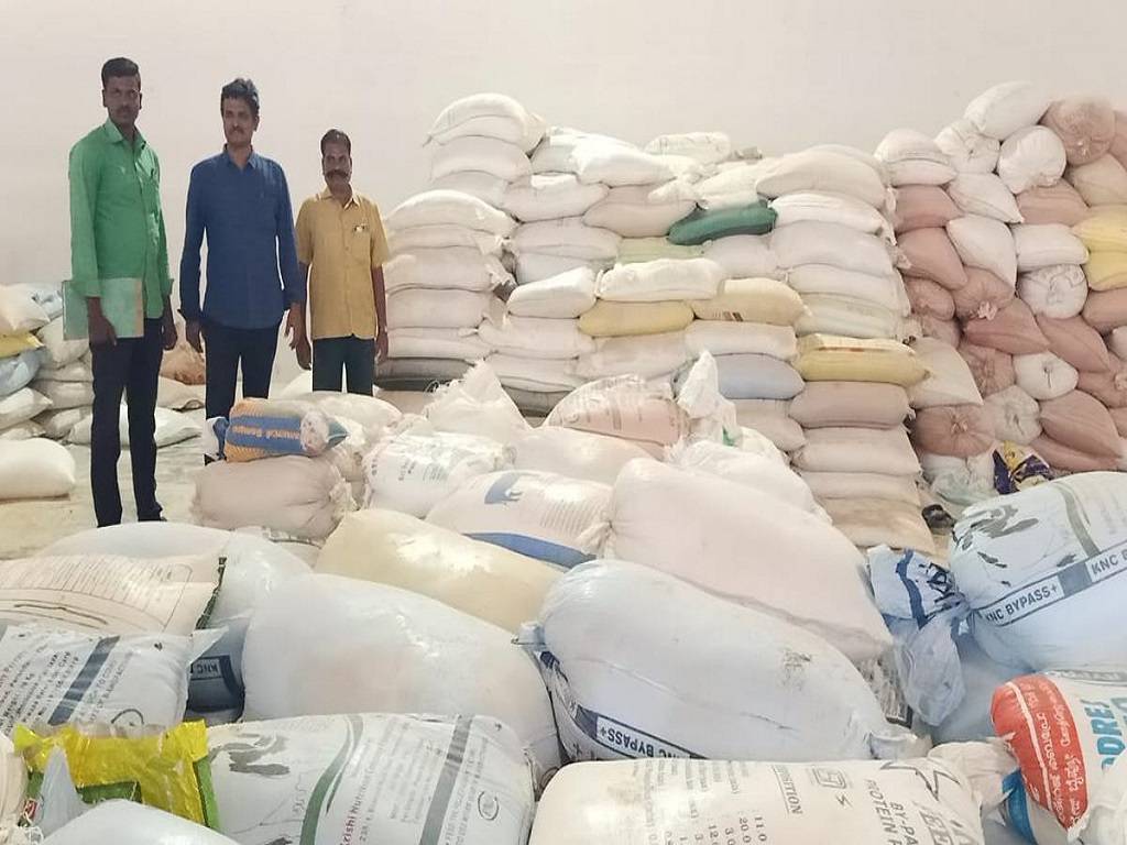 flying squad officials discovered 133 gunny bags containing 7.5 tonnes of ration rice in a godown at the poultry farm.